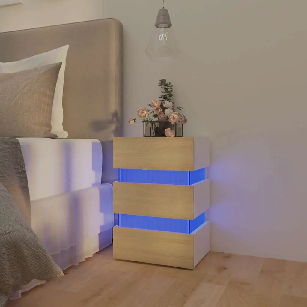 Bedside Table LED Light Storage Cabinet Engineered Wood Nightstand Beige