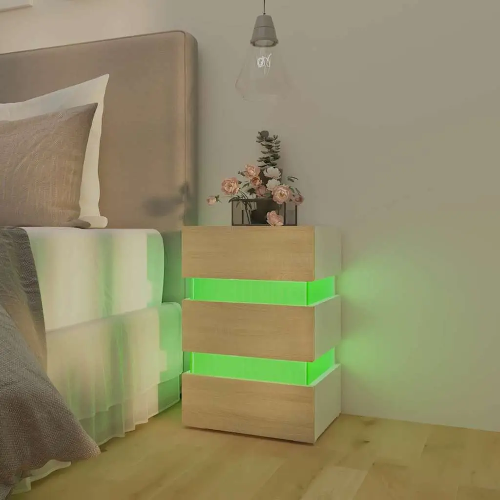 Bedside Table LED Light Storage Cabinet Engineered Wood Nightstand Beige