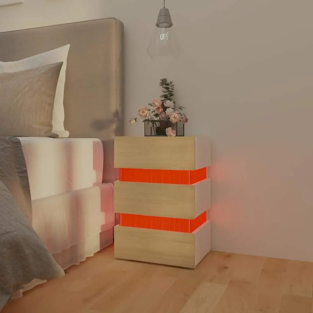 Bedside Table LED Light Storage Cabinet Engineered Wood Nightstand Beige