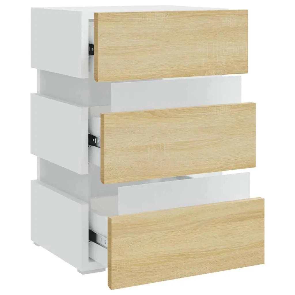 Bedside Table LED Light Storage Cabinet Engineered Wood Nightstand Beige