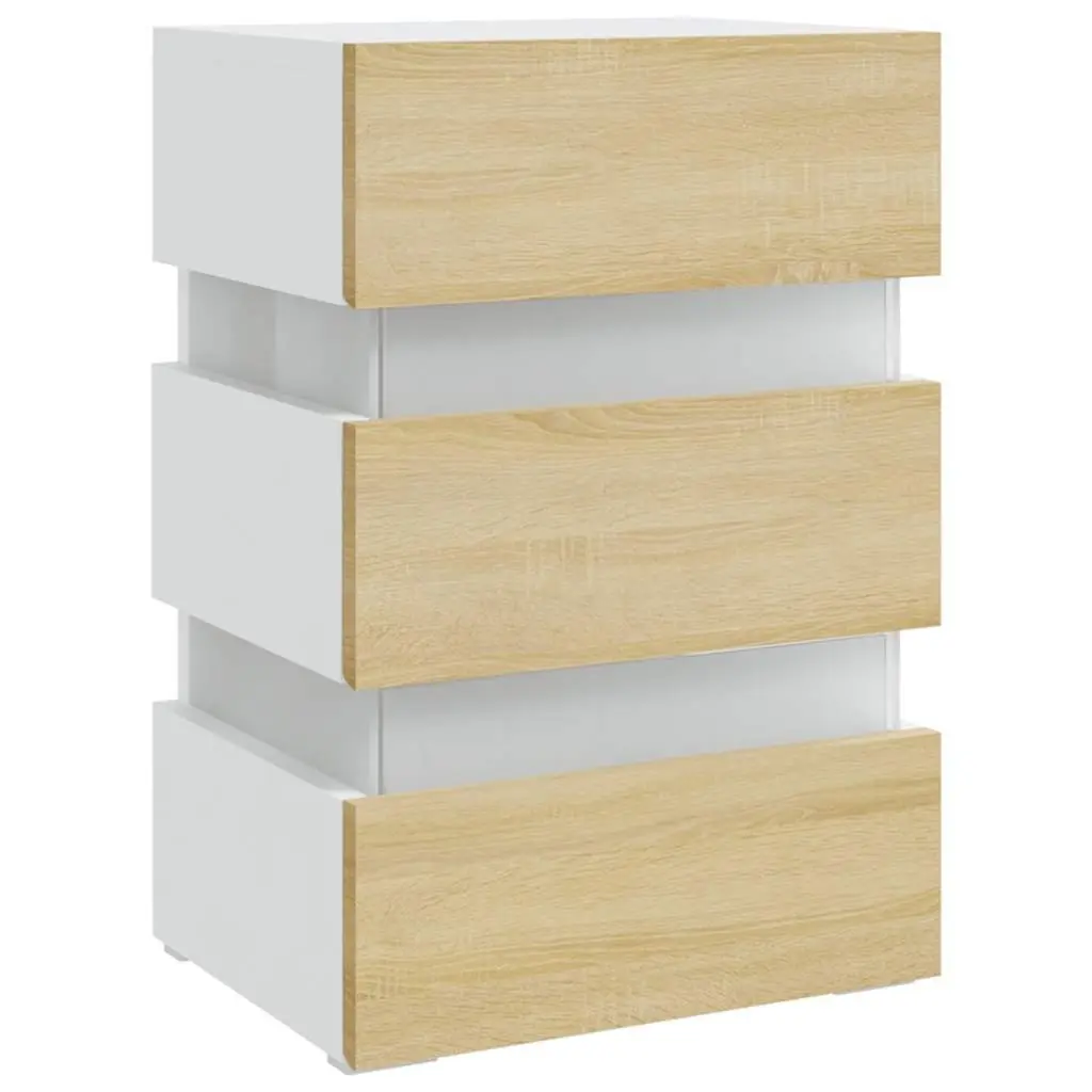 Bedside Table LED Light Storage Cabinet Engineered Wood Nightstand Beige