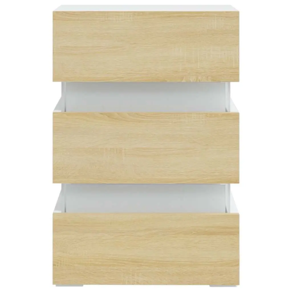 Bedside Table LED Light Storage Cabinet Engineered Wood Nightstand Beige