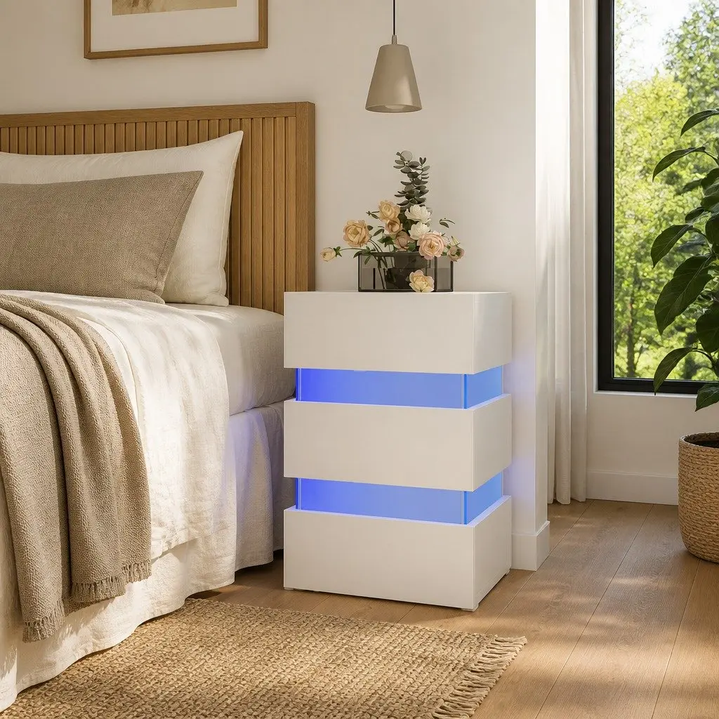 LED Nightstand High Gloss White Engineered Wood Storage Cabinet with LED Light