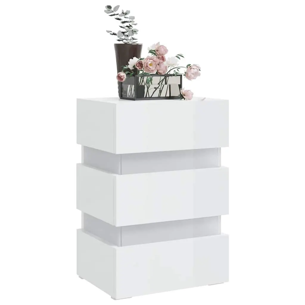 LED Nightstand High Gloss White Engineered Wood Storage Cabinet with LED Light