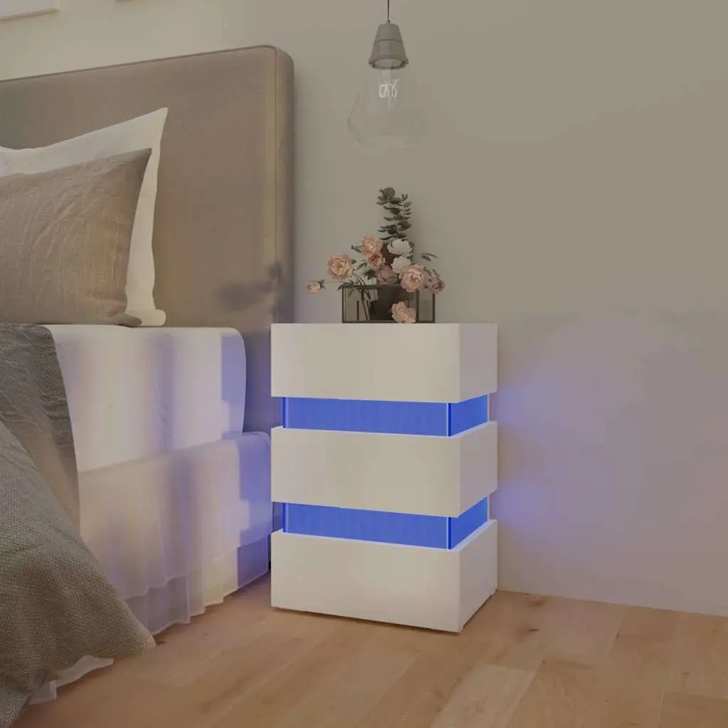 LED Nightstand High Gloss White Engineered Wood Storage Cabinet with LED Light