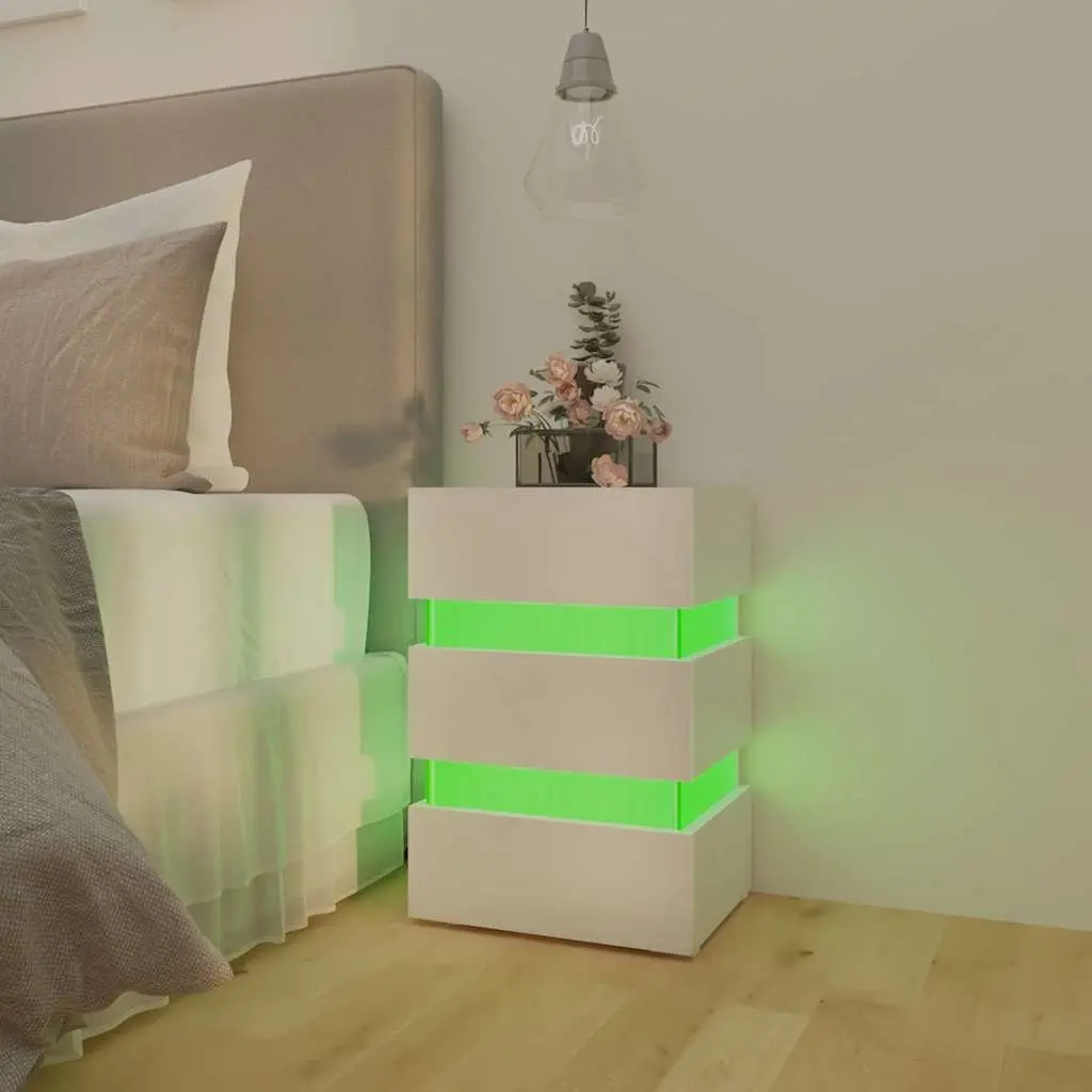 LED Nightstand High Gloss White Engineered Wood Storage Cabinet with LED Light
