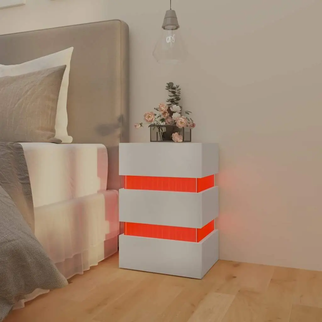 LED Nightstand High Gloss White Engineered Wood Storage Cabinet with LED Light
