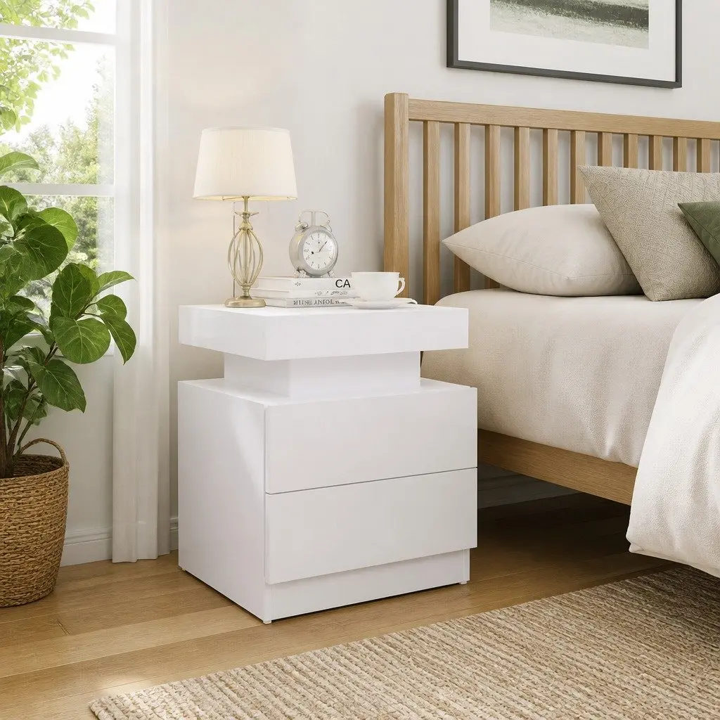 Engineered Wood Nightstand High Gloss White Bedside Cabinet Storage Table 45x35x52cm
