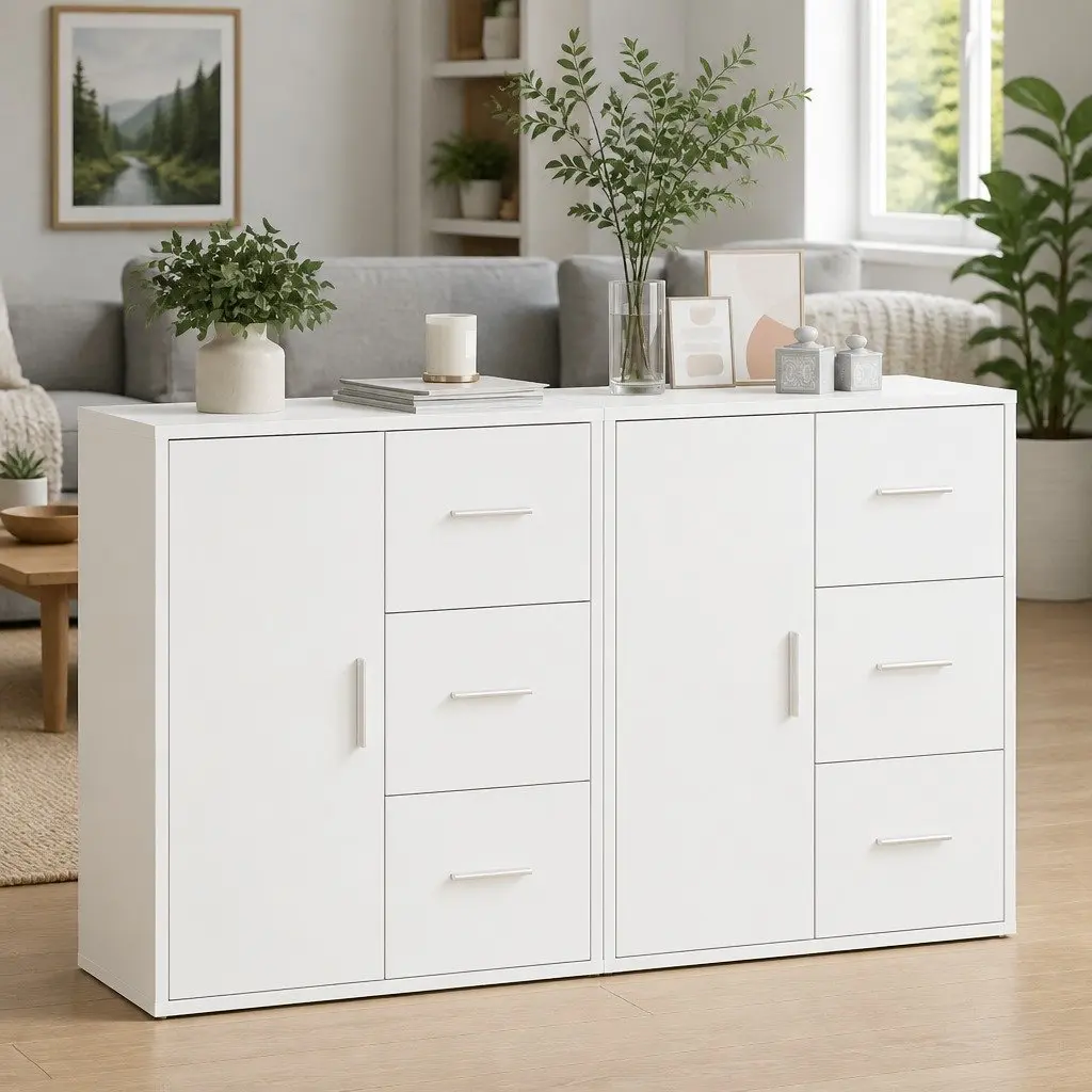 White Engineered Wood Sideboard Cabinet Set of 2