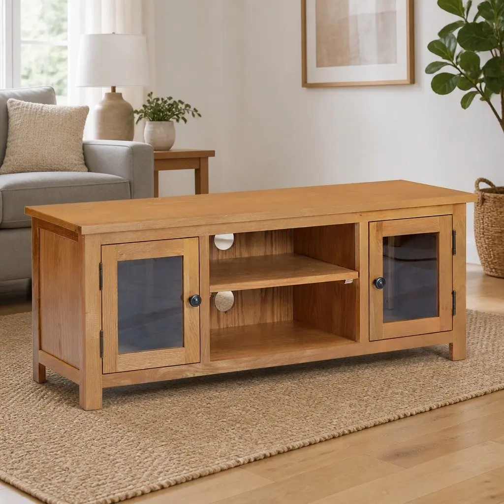 Brown Solid Oak Wood TV Cabinet with Storage Doors