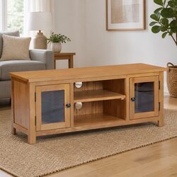 Brown Solid Oak Wood TV Cabinet with Storage Doors