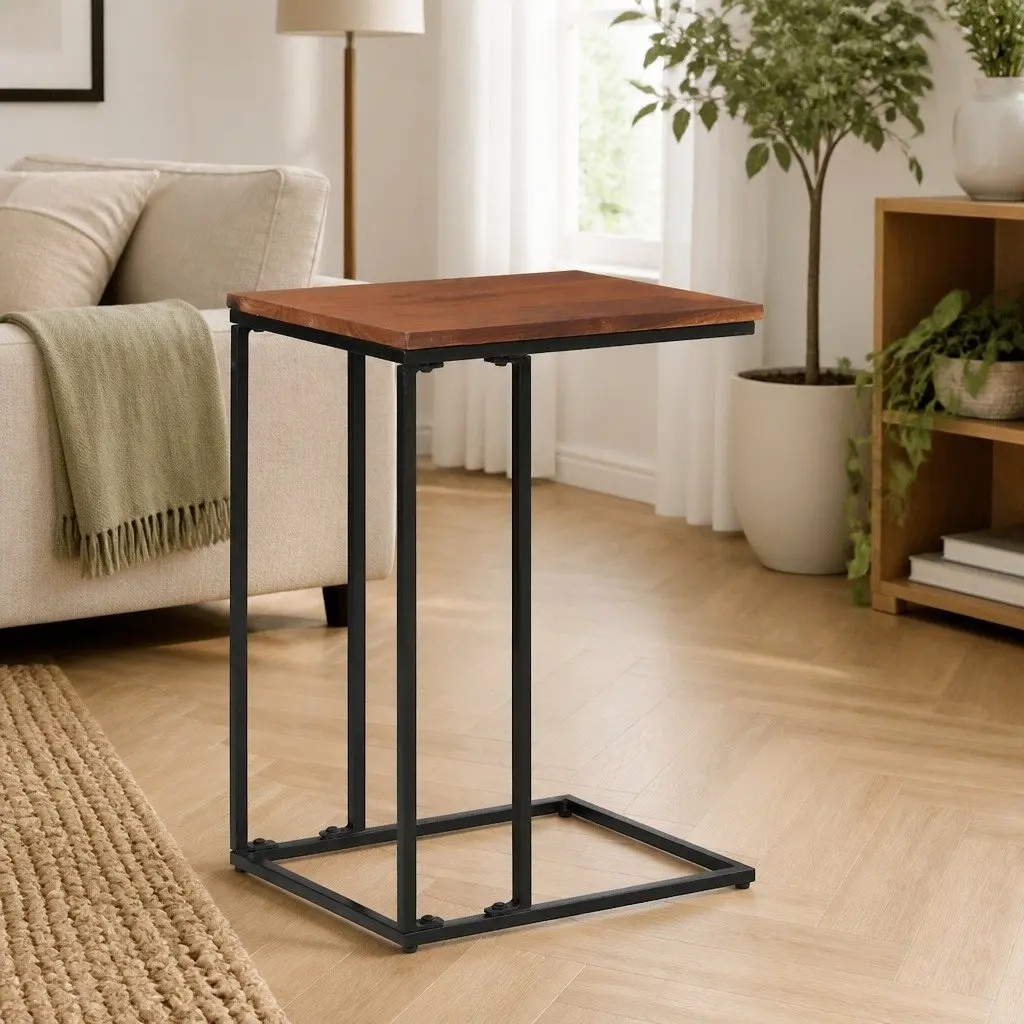 Side Table Wooden Brown 35x45x65cm Acacia with Iron Frame