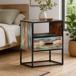 Solid Reclaimed Wood Bedside Table with Drawer 40x30x50cm