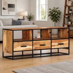 Rustic Acacia Wood TV Cabinet with Drawers and Shelves
