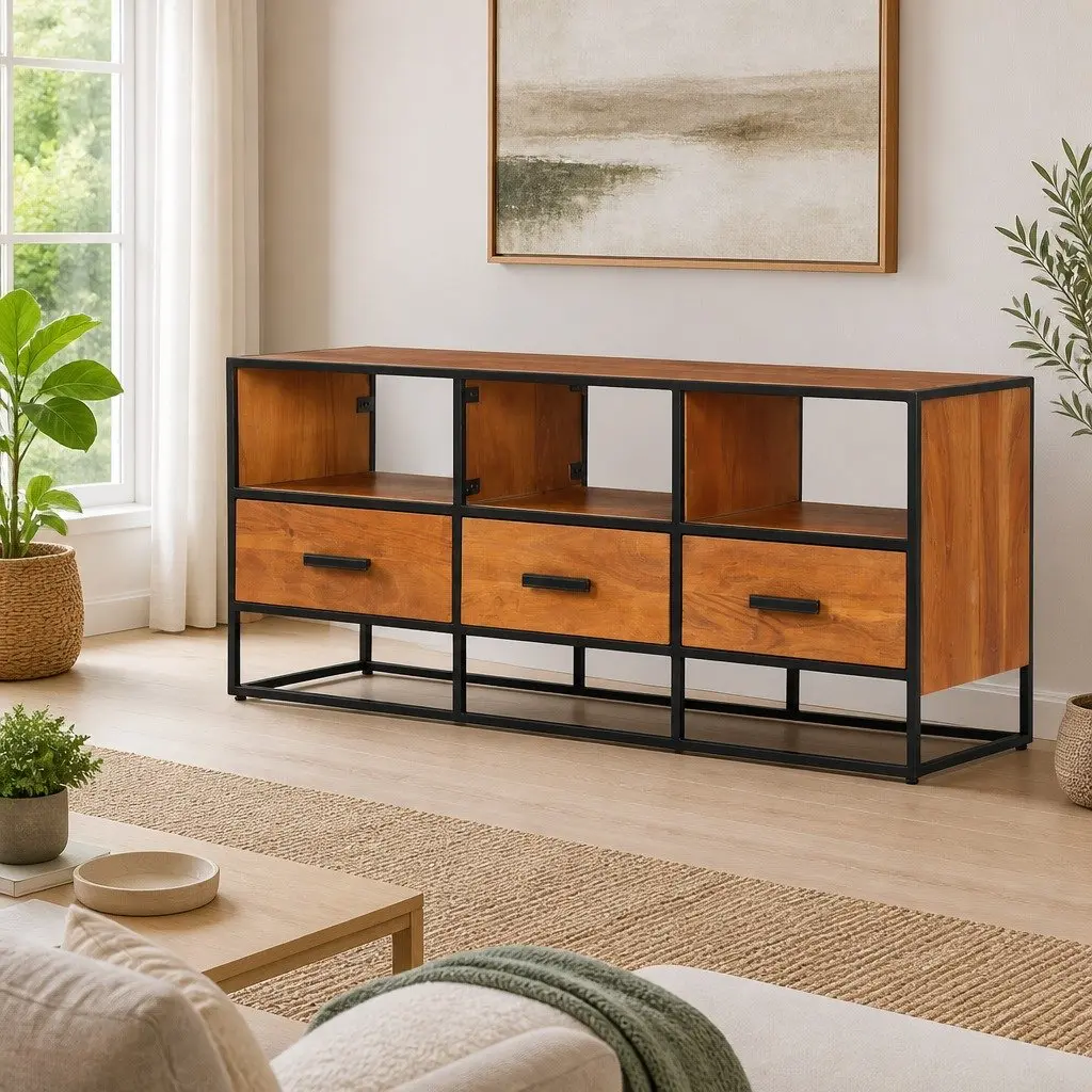 TV Cabinet Rustic Industrial 110x30x45 cm Brown Solid Acacia Wood with 3 Drawers 3 Shelves