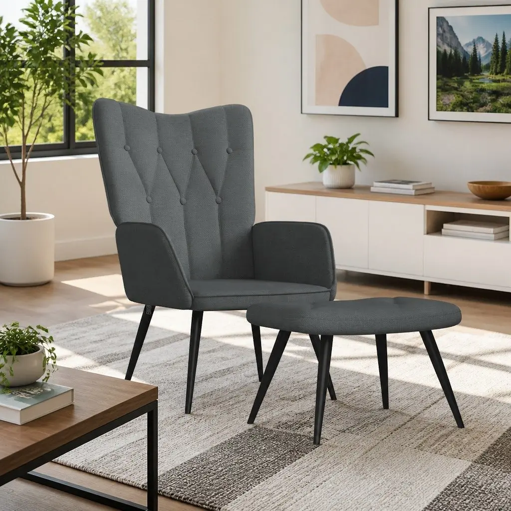Grey Fabric Armchair with Stool Set