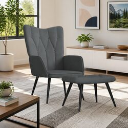 Comfortable Grey Fabric Armchair with Stool Set