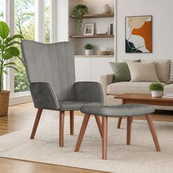 Cozy Velvet Armchair with Stool in Light Grey