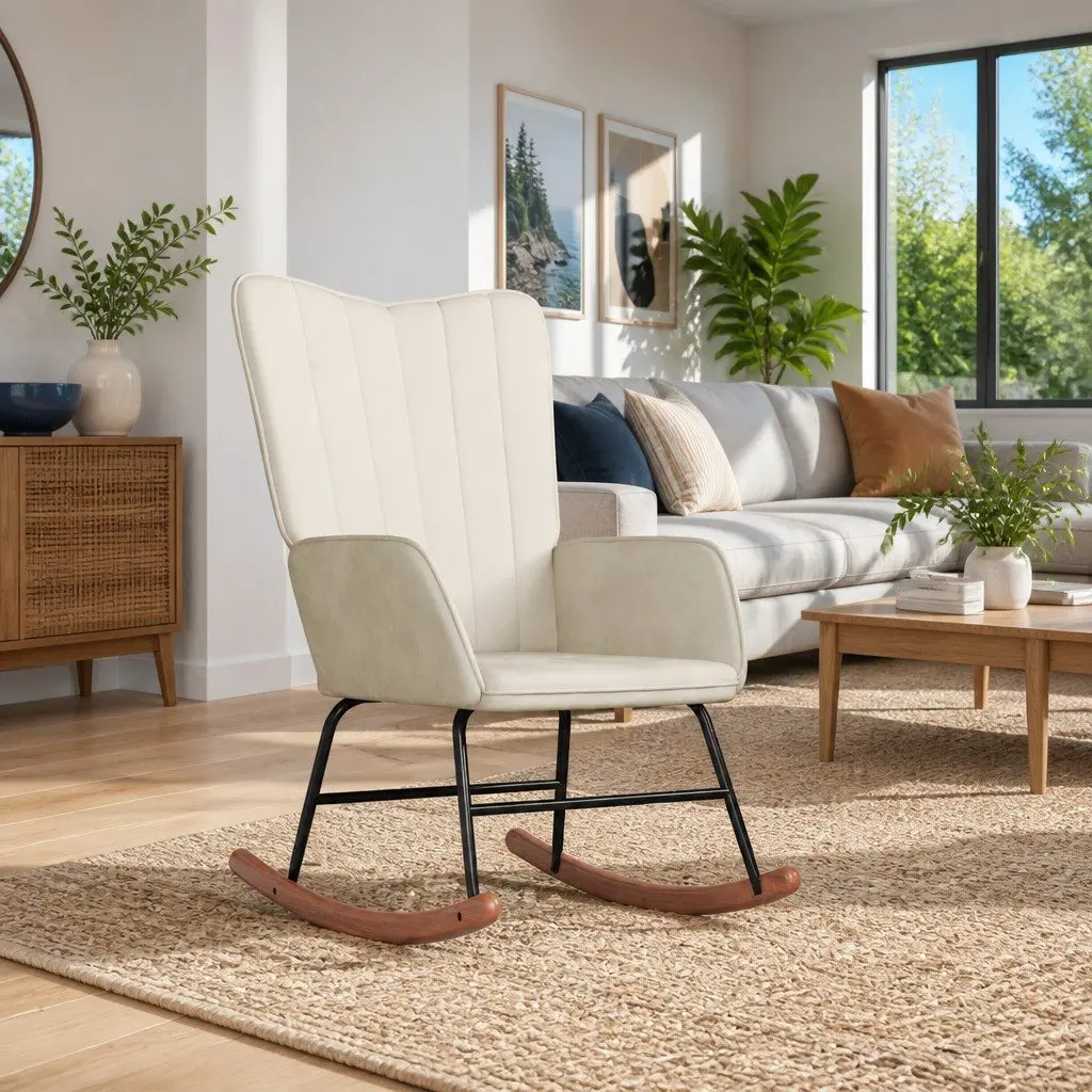 White Velvet Padded Rocking Chair for Relaxation