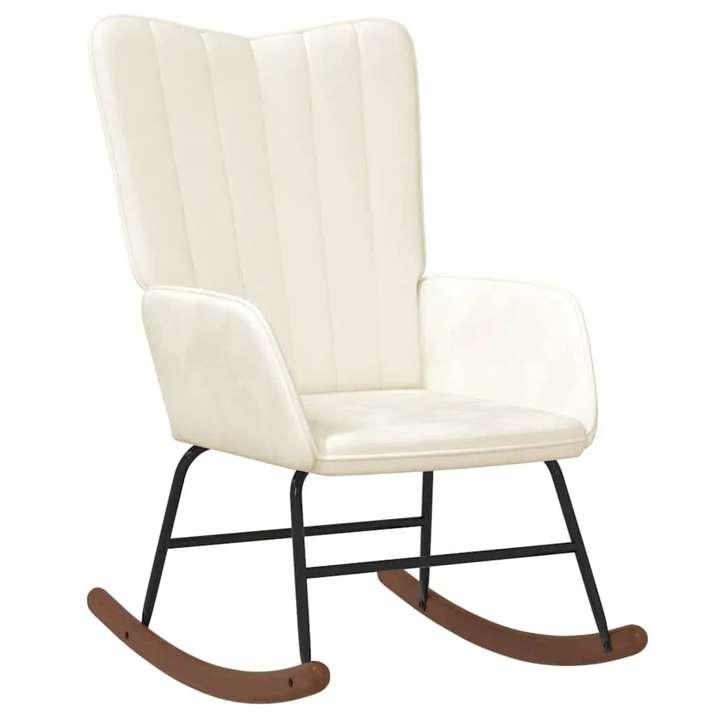Rocking Chair White Velvet Padded Armchair Steel Frame Wooden Rocking Rails