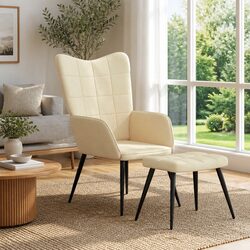 Cream Upholstered Armchair with Matching Stool