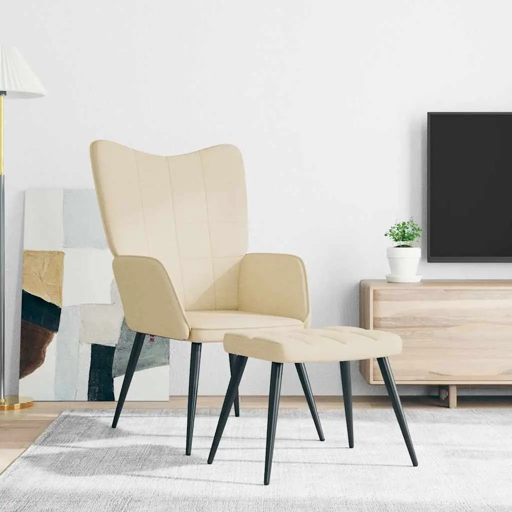 Cream Upholstered Armchair with Matching Stool