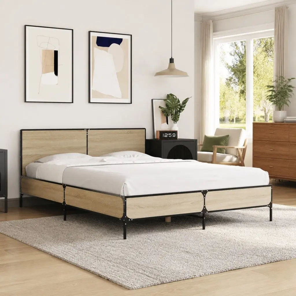 Queen Size Bed Frame with Slatted Base and Headboard