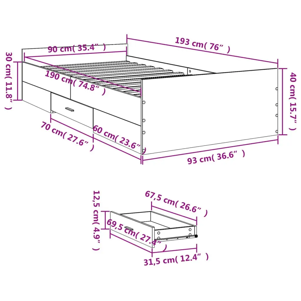 Bed Frame White 90x190 cm Engineered Wood with Storage Drawers