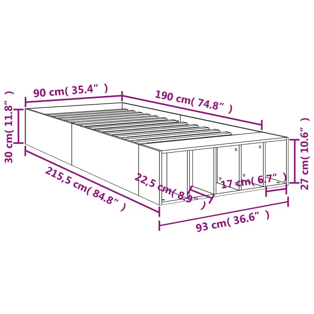 Bed Frame White 90x190 cm Modern Bedroom Furniture Storage Compartments Slatted