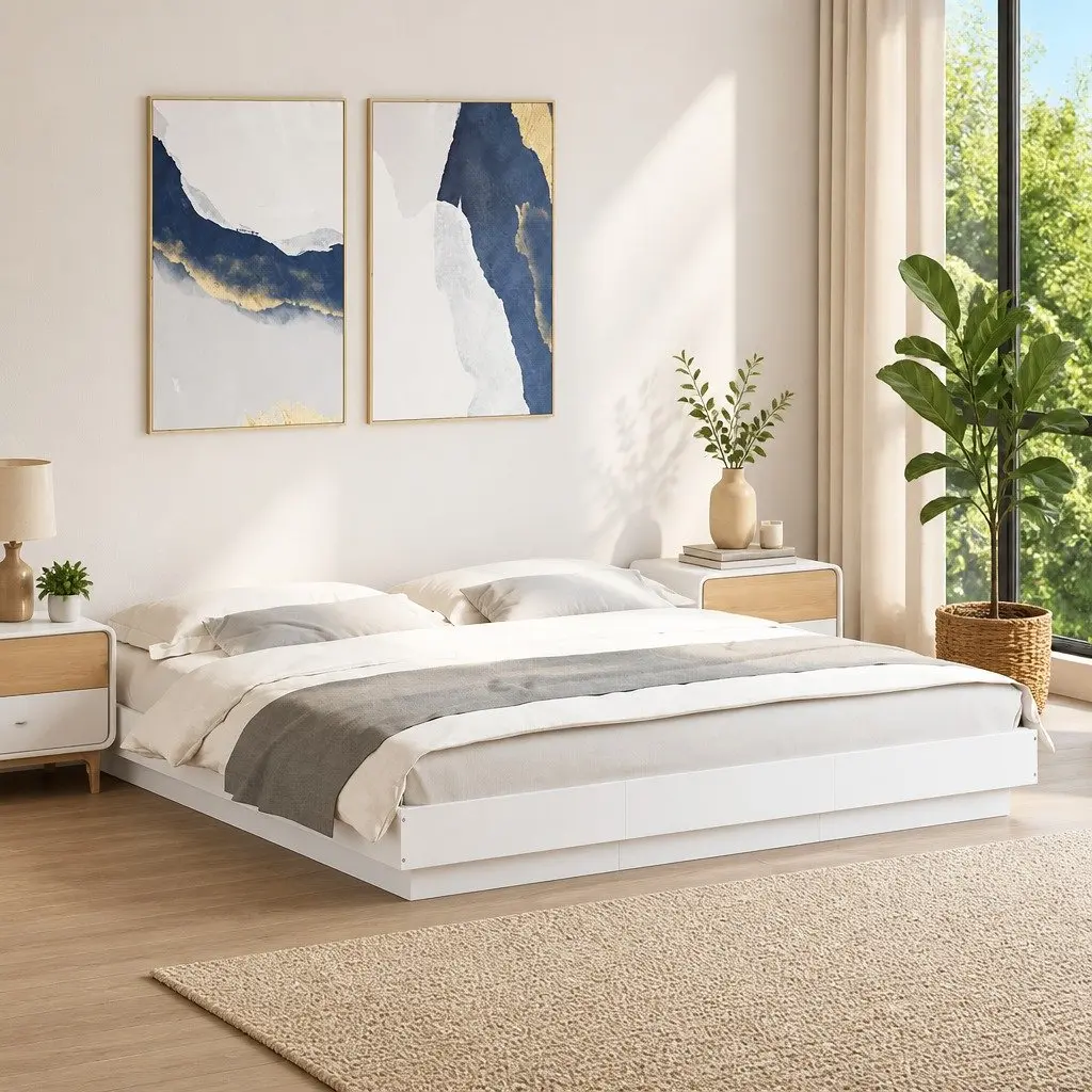 King Bed Frame with RGB LED Lights in White 183x203 cm