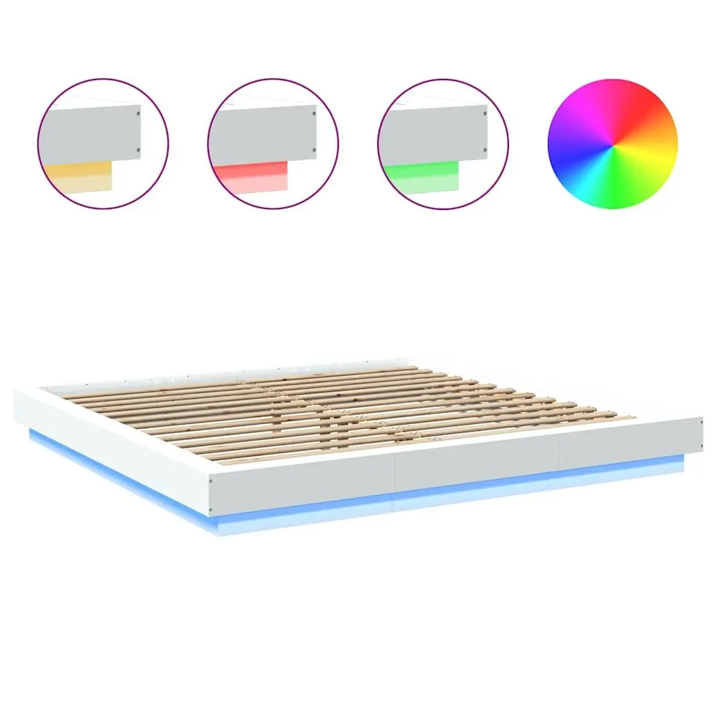 King Bed Frame with RGB LED Lights in White 183x203 cm