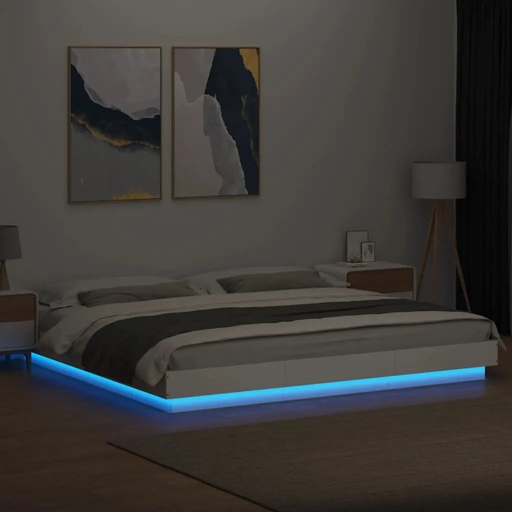 King Bed Frame with RGB LED Lights in White 183x203 cm