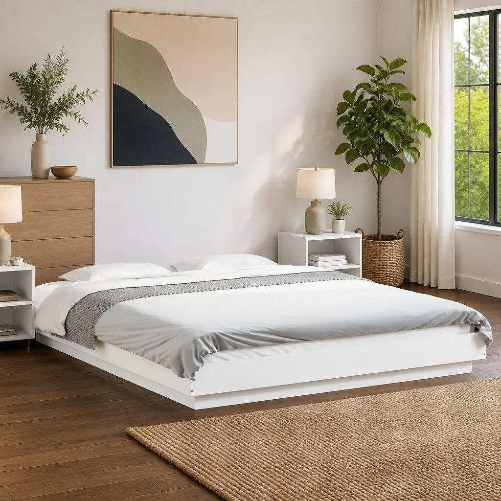 White Bed Frame with RGB LED Lights and Slatted Base 150x200cm