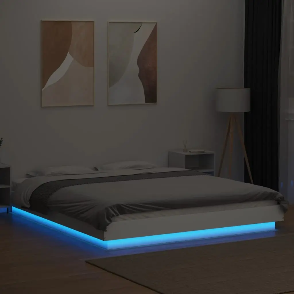 White Bed Frame with RGB LED Lights and Slatted Base 150x200cm