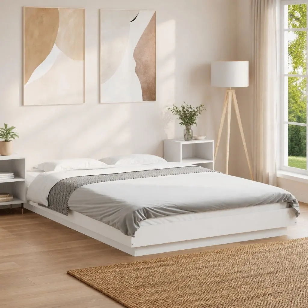 White Bed Frame with RGB LED Lights Slatted Base 135x190 cm Bedroom Furniture