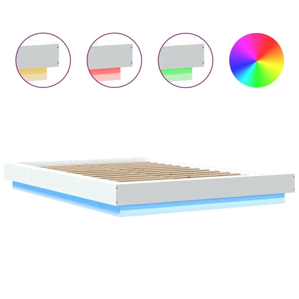 White Bed Frame with RGB LED Lights Slatted Base 135x190 cm Bedroom Furniture
