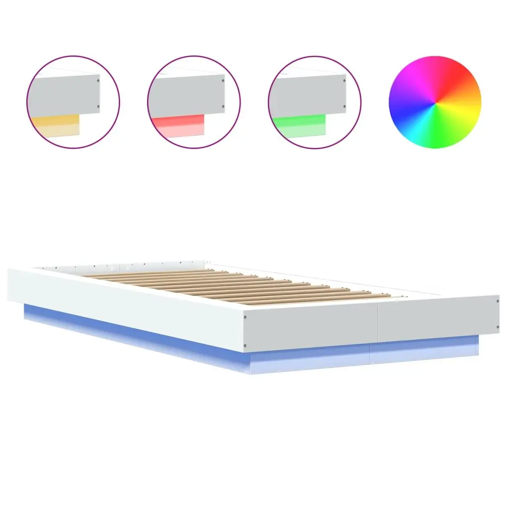 Bed Frame Modern White 90x190 cm Engineered Wood with RGB LED Lights Slatted Base