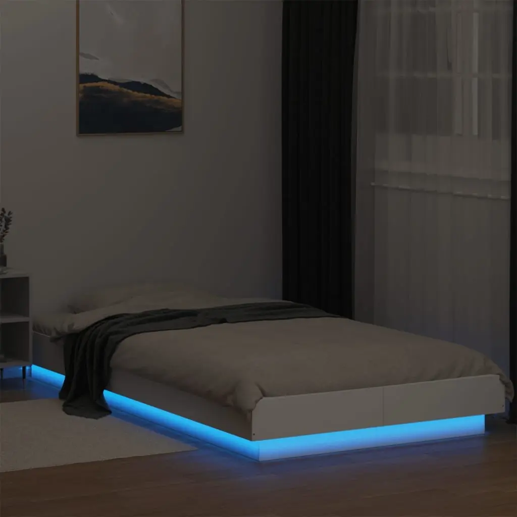 Bed Frame Modern White 90x190 cm Engineered Wood with RGB LED Lights Slatted Base