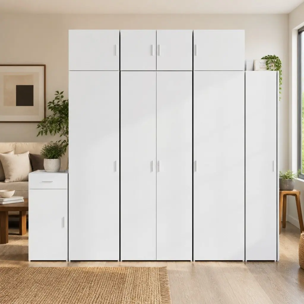 White Highboard Storage Cabinet Engineered Wood 70 x 42.5 x 185 cm Bedroom Living Room Sideboard