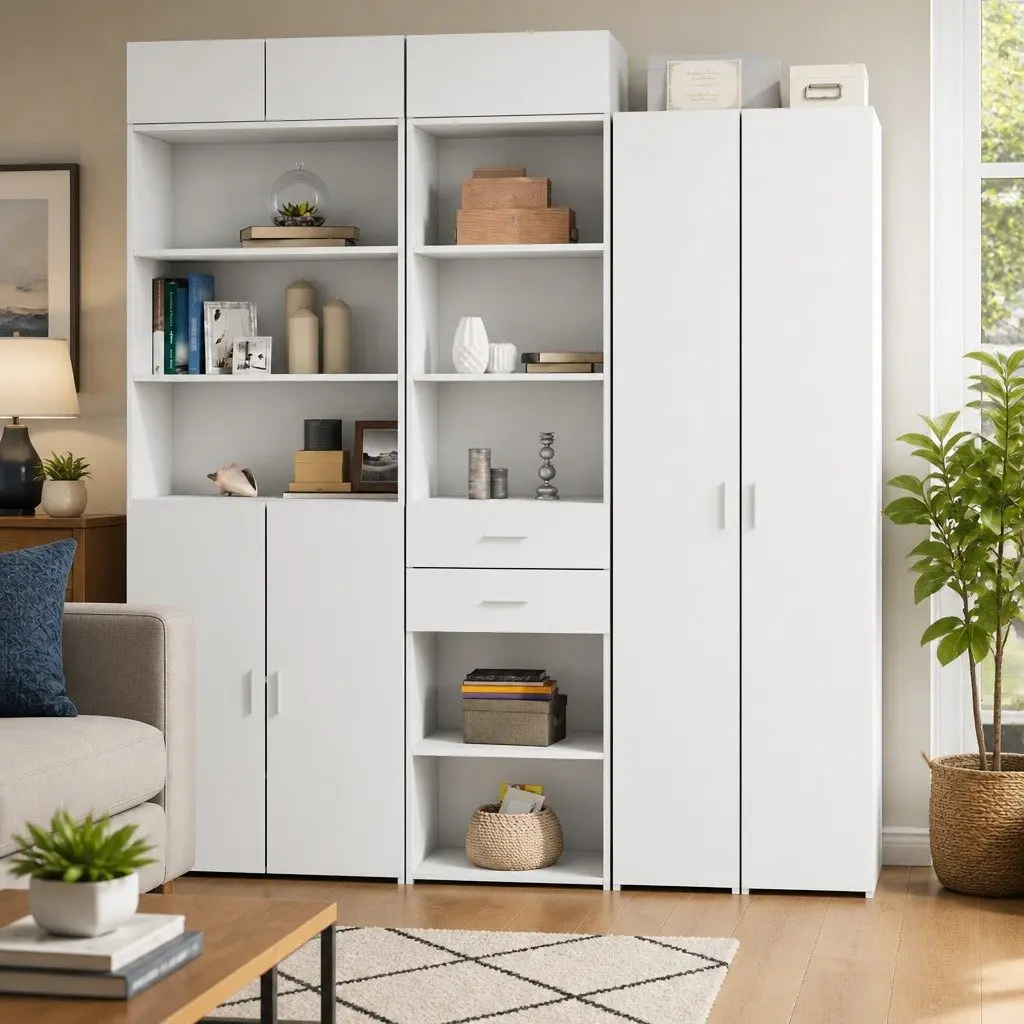 White Engineered Wood Highboard Storage Cabinet