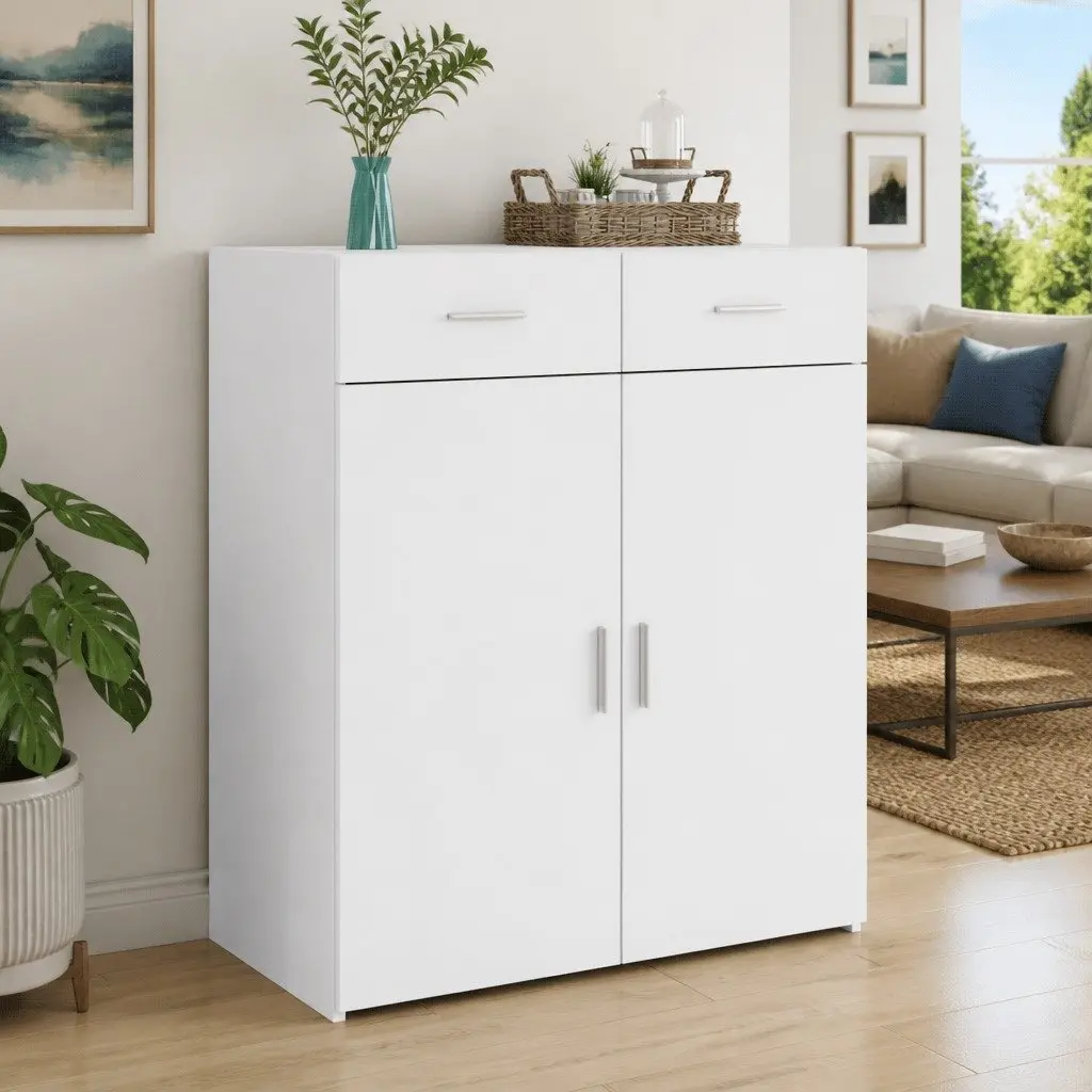 Sideboard Cabinet White 80x42.5x93cm Engineered Wood Storage Furniture with Drawers and Doors