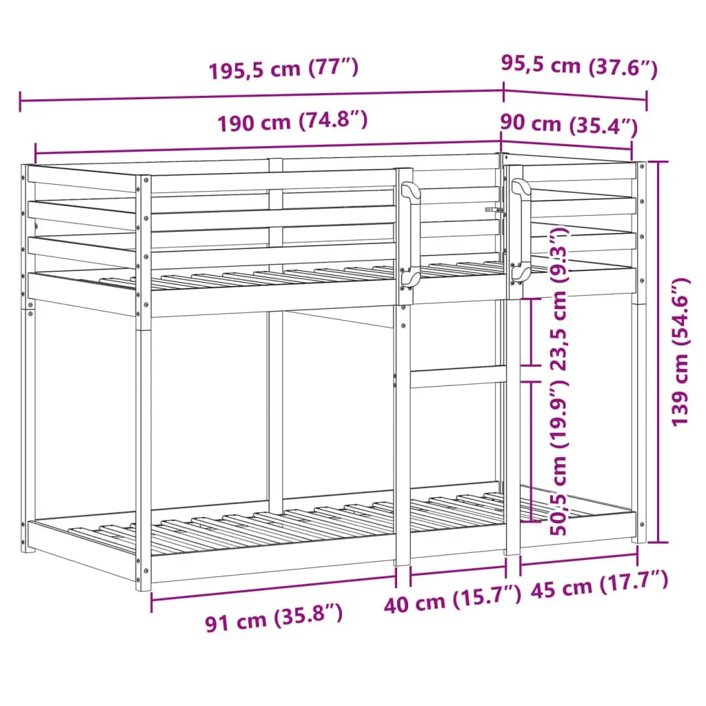 Bunk Bed Solid Pine Wood Frame 90x190 cm Slatted Base Guardrails Space-Saving