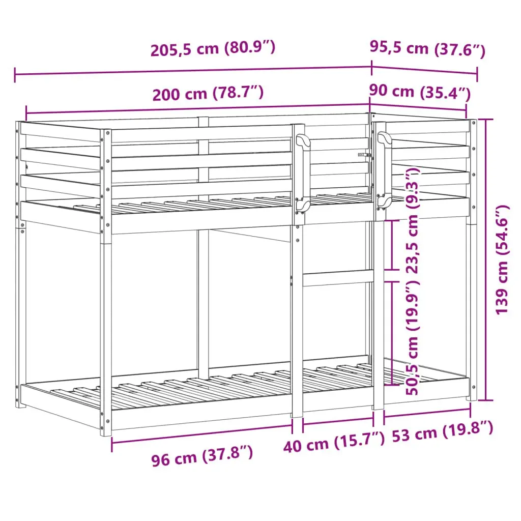 Bunk Bed Solid Wood Pine Frame Slatted Base Guardrails Space-Saving 92 x 187 cm