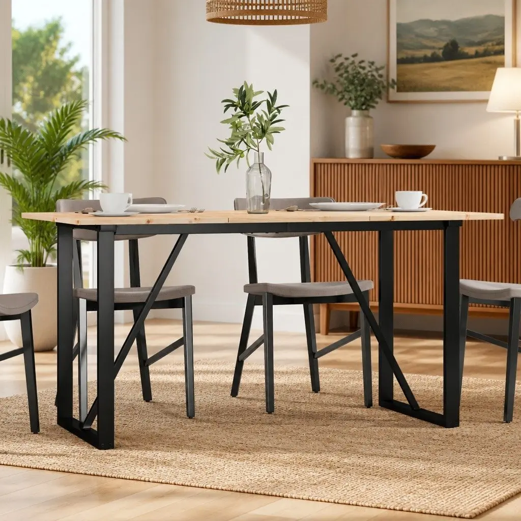 Solid Wood Pine Dining Table with Steel Frame 140x80x75 cm