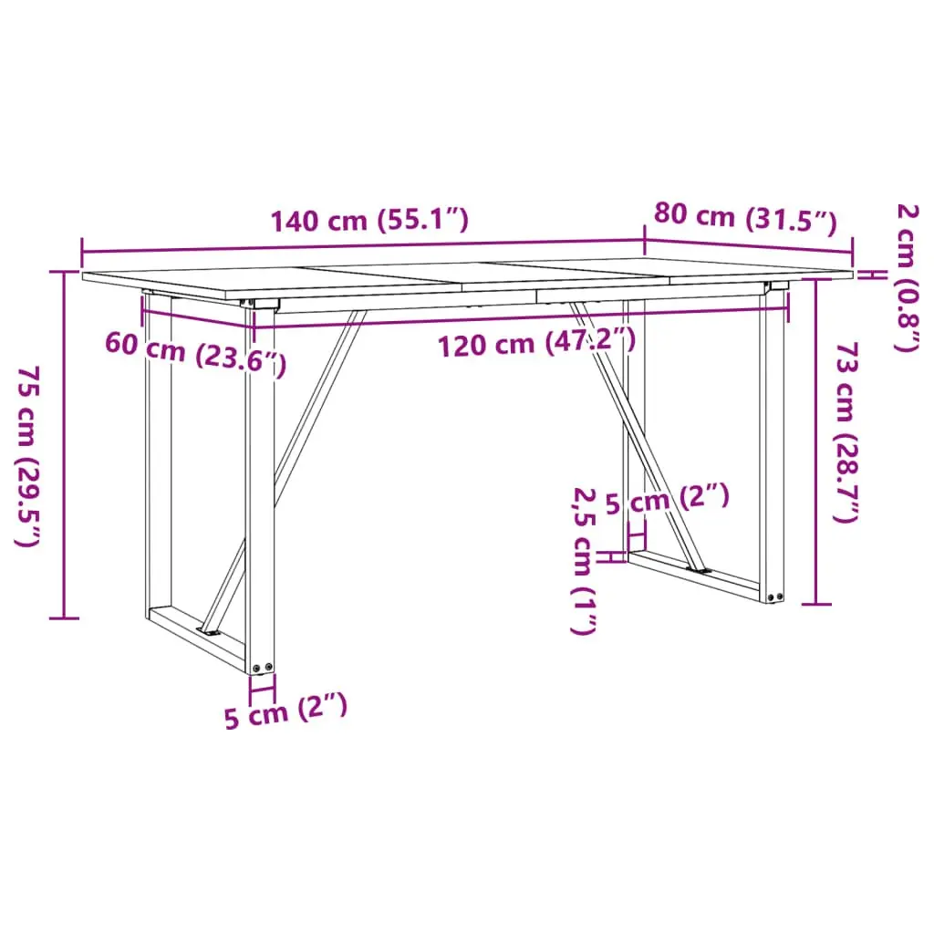 Solid Wood Pine Dining Table with Steel Frame 140x80x75 cm