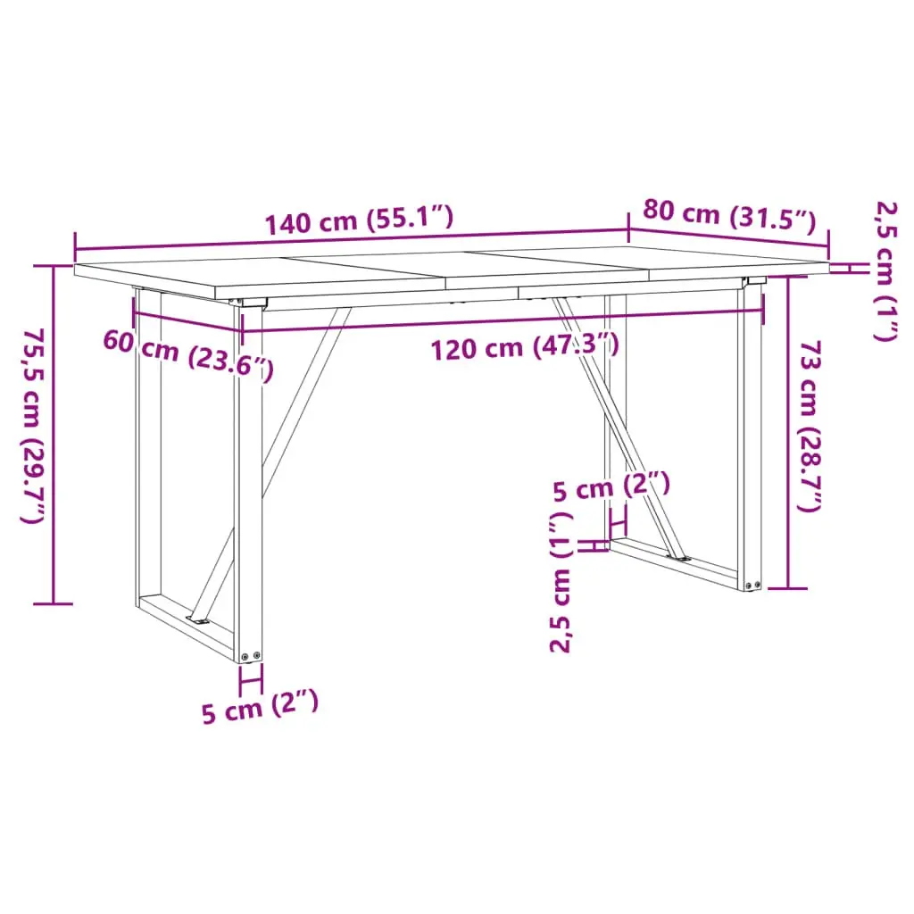 Solid Wood Pine Dining Table with Steel O-Frame 140x80cm