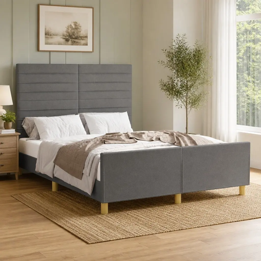 Grey Fabric Double Bed Frame with Adjustable Headboard