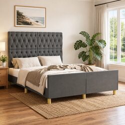 Grey Fabric Double Bed Frame with Adjustable Headboard