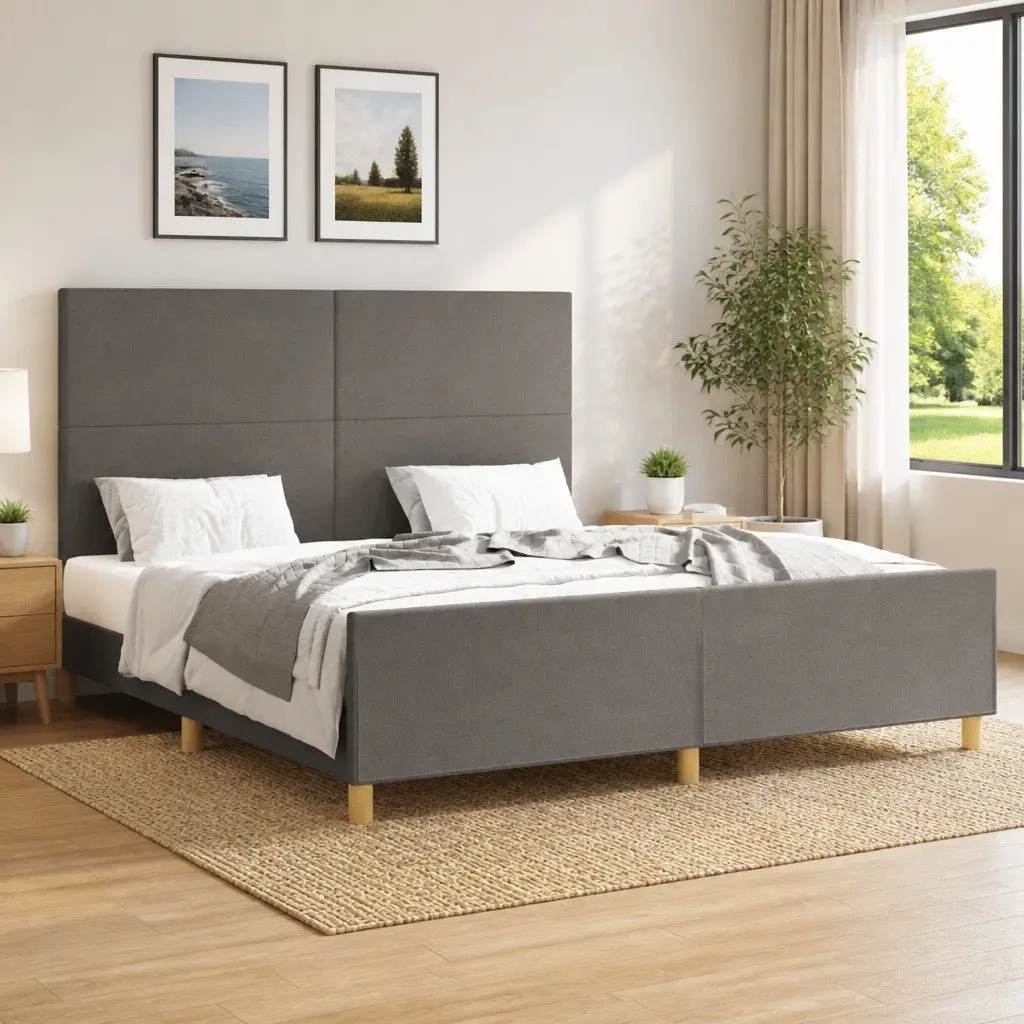 Grey Fabric Queen Bed Frame with Headboard 152x203cm