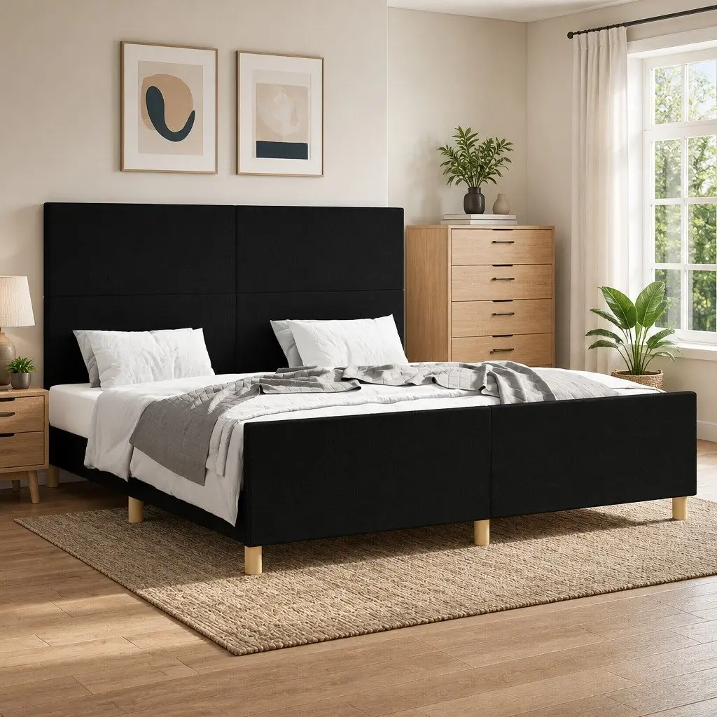 Black Fabric Queen Bed Frame with Adjustable Headboard 152x203cm